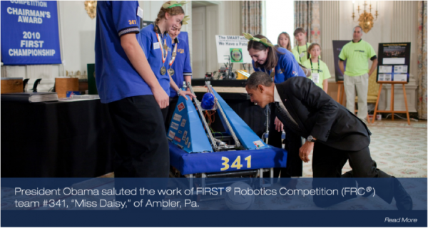 President Obama inspects the work of a FIRST team