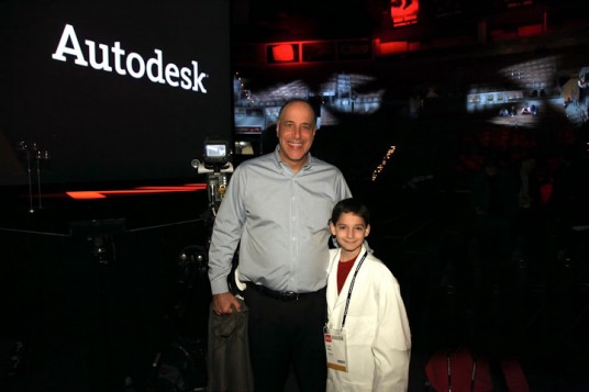 Autodesk CEO Carl Bass pauses for a Kodak moment with 12-year-old maker Schuyler St. Leger, who spoke several times at Autodesk University. The middle school wunderkind says the first 1,000-page book he read cover to cover was not a Harry Potter novel but the Grainger industrial parts catalog. “It’s not a question of being in a good school district, but having a broadband connection,” says St. Leger. His YouTube video “Why I love my 3D printer” has received more than 30,000 views.  (Source: Autodesk)