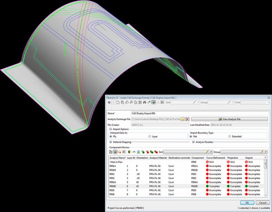 Fibersim 13 provides a single location for the automatic association of engineering information with a CAD model. As changes are made, the designer can identify, modify and apply changes. Users can also identify completed work during the review of analysis data. This image shows that curve refinement was completed and changes to the ply information have been applied. (Source: Siemens PLM)