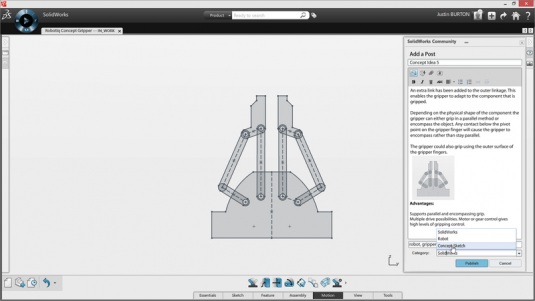 Projects created in SolidWorks Mechanical Conceptual will use social technology to allow multiple project participants. (Source: Dassault Systèmes SolidWorks) 