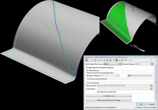 A meshed surface from an analysis model (upper right) highlights ply coverage. The jagged ply boundary (green curve) is smoothed (blue curve) using Fibersim 13. The software allows information from the analysis model to be reviewed, modified and imported, streamlining product development communications. (Source: Siemens PLM)