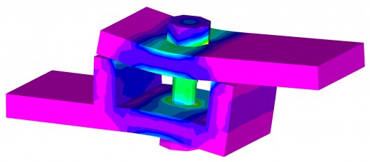 Femap 11 models preloaded bolts with solid elements, giving a more detailed local stress recovery. (Source: Siemens PLM)