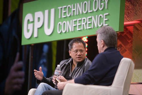 JPR president Jon Peddie (right) interviews Nvidia CEO Jen-Hsun Huang at the 2012 GPU Technology conference. Peddie will lead a panel at the GTC Mobile Summit. (Source: Nvidia)