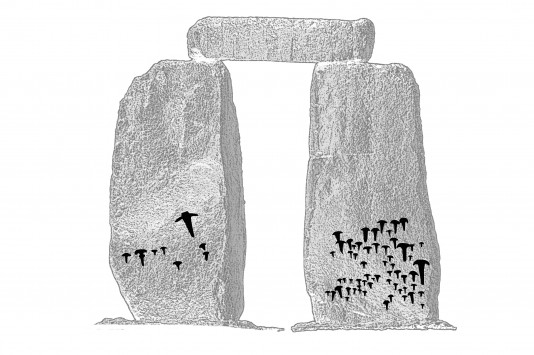 Stonehenge stones number 4 and 5 with the prehistoric art highlighted, using the visualization features in Bentley Pointools. (Source: Bentley Systems via York Archaeological Trust). 
