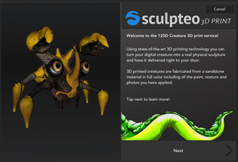 Characters created in 123D Creature may be sent from the app to 3D printing service Sculpteo. (Source: Sculpteo)