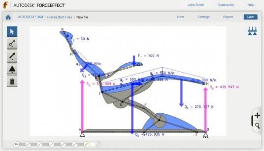 ForceEffect user can import drawings or images and then overlay the relevant engineering force diagrams. (Source: Autodesk)