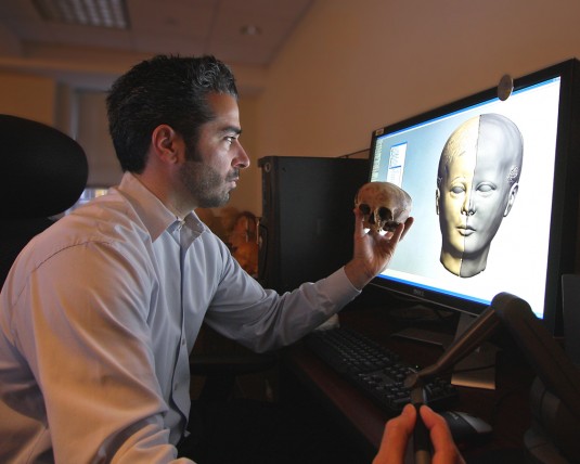 Forensic artist Joe Mullins used Geomagic Freeform software and the Sensable Phantom Desktop haptic device from 3D Systems to reconstruct faces of two 2,000-year-old mummies. (Source: Spurlock Museum)