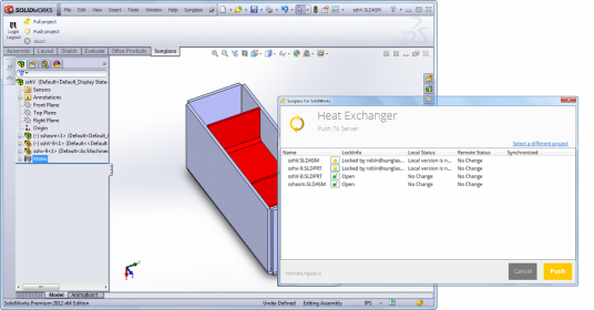 Sunglass PDM synchronizes product data with the model, making it simpler to use than a separate desktop or LAN-based PDM product. (Source: Sunglass)