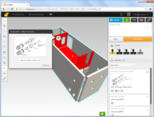 Plug-ins to SolidWorks (shown), Inventor, SketchUp , and Rhino 3D allow teams to view product models in any web browser without owning a local copy of the design software. (Source: Sunglass)