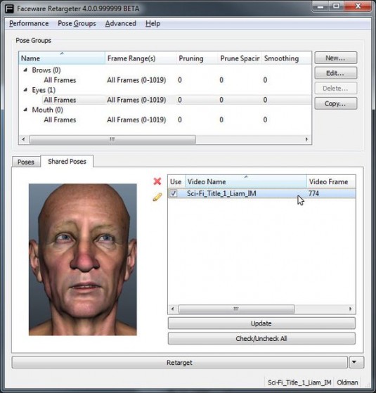 Retargeter allows the creation and use of shared poses, making it easer for several artists working on the same project to share existing facial animations. (Source: Faceware)