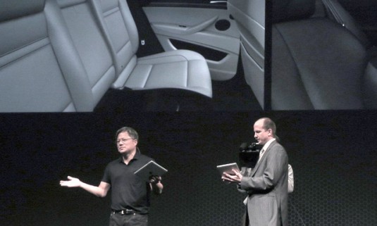 Jen-Hsun Huang gave the keynote for RTT Excite. In one of the demonstrations, the Nvidia CEO showed how the digital car showroom of the future might work using iPads in a remote compute configuration, allowing the salesperson and customer to exchange ideas. (Source: JPR)