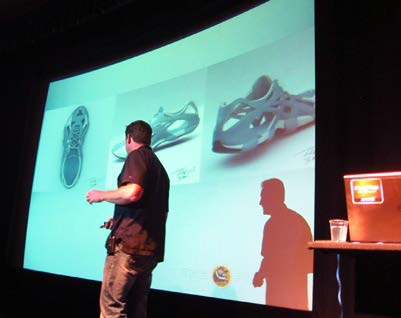 The Foundry’s Brad Peebler shows entries in the Asics Shoe Design Competition 2007 inspired by track athletes for urban consumers constantly on the move. (Source: JPR)