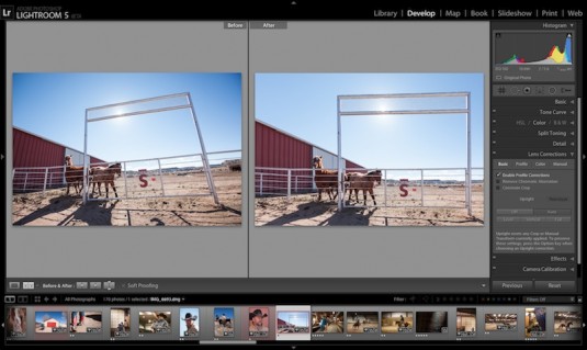 Lightroom 5, now in beta, can straighten elements to the horizon, such as in this before-and-after view of a corral gate. (Source: Adobe)