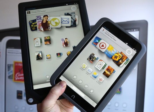 Current models of the Nook HD+, left, and the Nook HD will be heavily discounted through 2013 as Barnes & Noble prepares for new models from new partners. (Source: Barnes & Noble)