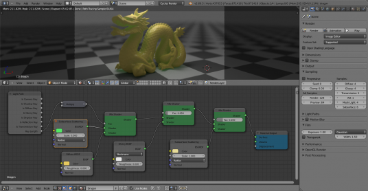 Blender screenshot showing Cycles preview rendering and Node Shaders. (Source: Blender.org)