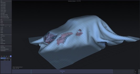 ChronoSculpt can be used for cloth simulations. In this case, the cloth simulation was reused with a different car, and as a result, bits of the geometry poked through. Using the sculpting tools in ChronoSculpt, an artist can slightly bulge out the parts to better cover the car and hide errors. (Source: LightWave)