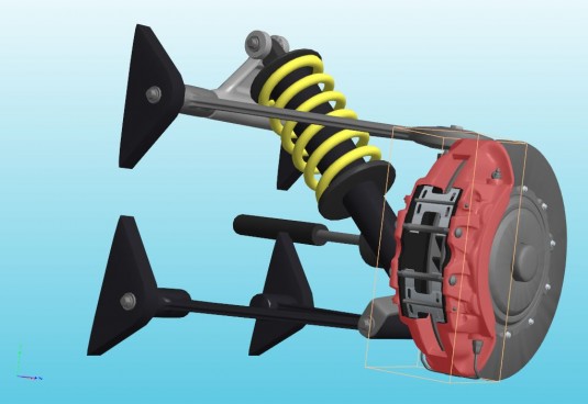 A suspension brake assembly tested in Ansys, published in 3D PDF. The model can be viewed from any angle and interrogated in a variety of ways using only the free Adobe Reader. (Source: Visual Technology Services)