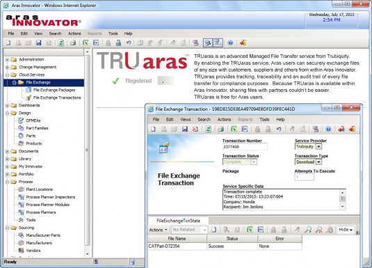 TRUaras is a cloud service embedded in Aras Innovator that enables highly secure managed file transfer (MFT) for global supply chains. (Source: Aras)