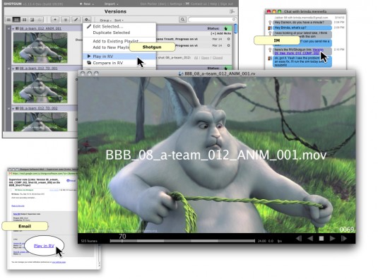 One example of mix-and-match production is this combination of Shotgun (production management) and Tweak (content viewing). The image is from Big Buck Bunny, a full-length animation created using Blender 3D, another popular open standards product.  (Source: Shotgun Software)
