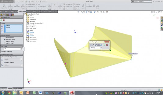 A lofted bend can be created using the new Bend option. Additional options control the creation method. Each bend region can be controlled specifically. (Source: SolidWorks) 