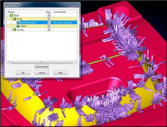 Using Save Selection Set on a complex set of core faces for changing face color and applying pressure for analysis. (Source: Kubotek USA)