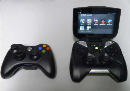 A side-by-side comparison of an Xbox controller (left) and the new Nvidia Shield. (Source: JPR)