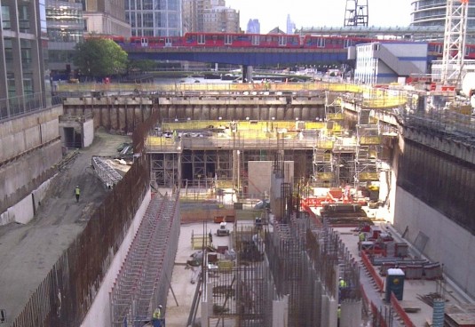 London’s answer to Boston’s Big Dig is Crossrail, a new passenger railway being built across London. Much of the rail system will go underground, such as this tunnel under construction in the Canary Wharf area. (Source: Crossrail) 