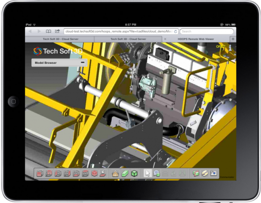 A large SolidWorks assembly being rotated real-time in the Safari browser on an iPad2, using HOOPS Communicator’s server side rendering module. (Source: TS3D)