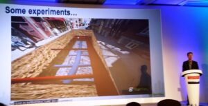 Bentley’s Stéphane Côté demonstrated possible field applications for augmented reality at the company’s Year in Infrastructure Conference 2013. The company has been experimenting with ways to “see” hidden infrastructure in context. (Source: JPR) 