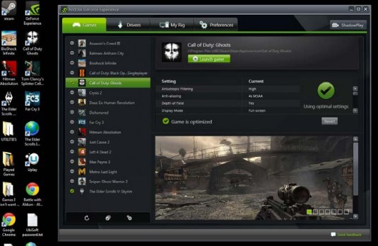 Screenshot of Nvidia GeForce Experience control panel. (Source: Nvidia)