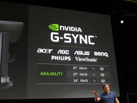 Jen-Hsun Huang makes G-Sync a key part of Nvidia’s CES press conference. (Source: JPR)