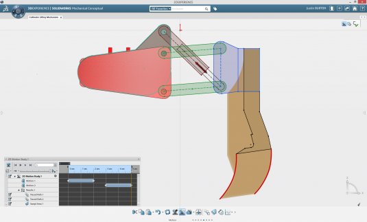 SolidWorks Mechanical Conceptual allows kinematic simulations to be stored and replayed in two or three dimensions. In this example, the area swept by the hook element is shaded tan. 