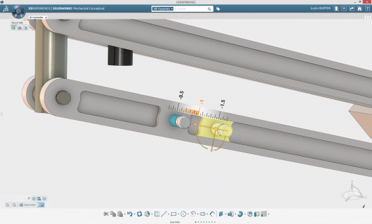 Designers may select multiple features and faces and drag them to the desired position. Pop-up measuring tools aid in precise placement.