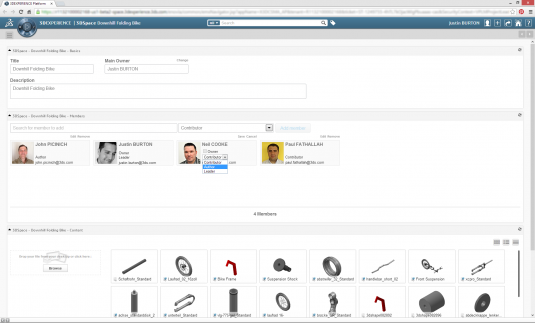 A view of the 3D workspace of Mechanical Conceptual showing individuals who have permission to share models and the parts of a bicycle design on which they are collaborating.