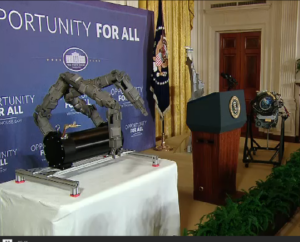 Waiting for Obama: Examples of advanced manufacturing technologies on display before the Obama speech announcing new initiatives to bring manufacturing jobs to the U.S. Obama joked, “we’re gonna build Ironman.” These do kinda look like a few radom pieces Tony Stark might be looking for. (Source: JPR)