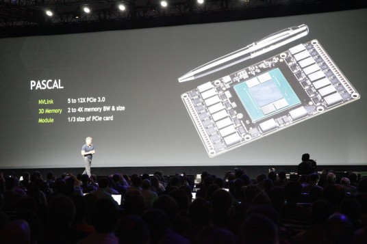 Nvidia CEO Jen-Hsun Huang shows off the form factor for the next-generation Pascal GPU architecture at the GPU Technology Conference today in San Jose, California. (Source: Nvidia)