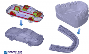 Two use cases for STL Prep: STL Prep can clean up and reduce a model for 3D printing. It can identify problem spots for users so they can go in and repair the model. In the dental application shown, STL Prep and SpaceClaim can work with the 3D model of a mouth and take off a mold to create an appliance or retainer. (Source: SpaceClaim)
