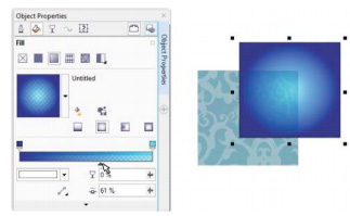 The Object Properties dock provides new interactive controls for applying and adjusting fountain fills. (Source: Corel) 