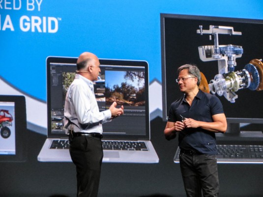 VMware CTO Ben Fathi (left) joined Nvidia CEO Jen-Hsun Huang on-stage at the GPU Technology Conference to announce virtualized GPU support. (Source: Jon Peddie Research)