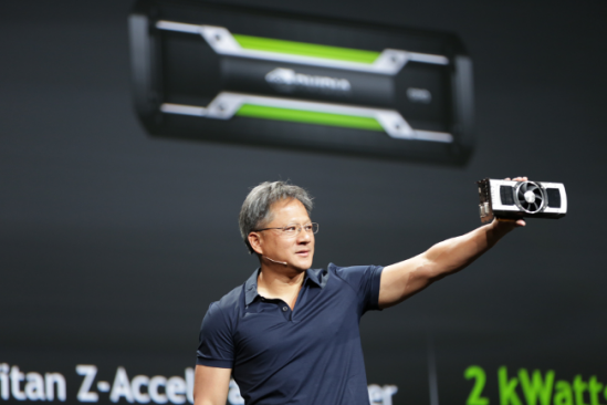 Nvidia CEO Jen-Hsun Huang shows off the new GeForce Titan Z at the 2014 GPU Technology Conference earlier this year. (Source: Nvidia)