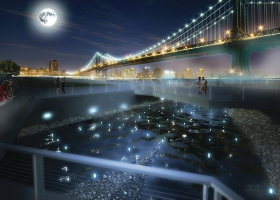 A rendering of David Benjamin’s proposed Pier 35 EcoPark along New York’s East River, designed in collaboration with Natalie Jeremijenko and SHoP Architects. The waterfront attraction will measure water quality using mussels. (This rendering was prepared for the New York State, Department of State with funds provided under Title 11 of the Environmental Protection Fund.) (Source: The Living)