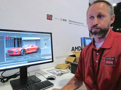 AMD’s Abe Wiley demonstrates new ray tracing technology at Siggraph. (Source: JPR)