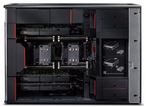 Lenovo’s new line of ThinkStation workstation feature modular components and toolless access. Any item marked with a red line can be removed without tools. (Source: Lenovo) 