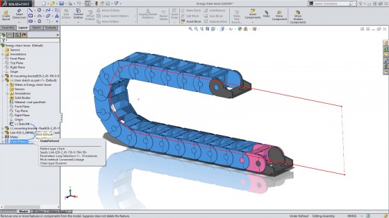 The motion of roller or energy chains can be simulated using patterns. (Source: Solidworks)