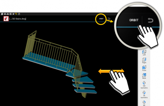 New Aras Touch for Android can switch quickly between Pan for 2D drawing movement and Orbit for 3D drawing movement. (Source: Graebert) 