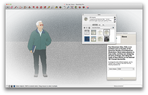 SketchUp 2015’s default scale figure “Steve” rendered in the PSO Vignette style created by architectural illustrator Steve Oles. (Source: Trimble SketchUp)