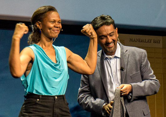 Exercise combined with compression is much more effective. Researcher and former NASA Astronaut Yvonne Cagle has done a little experimenting on herself and shows off for Autodesk VP Amar Hanspal and the AU 2014 audience. Her research led to development of an exercise band bracket astronauts can now 3D print on the International Space Station. (Source: JPR)