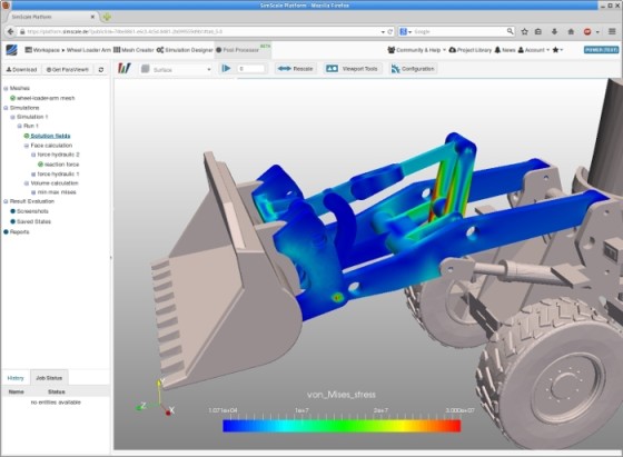 Visual results from a stress analysis of a wheel loader arm, completed by engineers at Custom Machines in Australia using the SimScale engineering simulation platform. (Graphic: Business Wire)