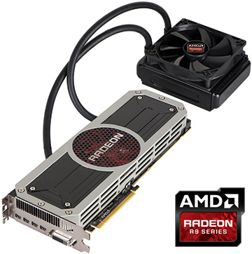 The AMD Radion R9 high-performance GPU with water cooler attachment. (Source: AMD)