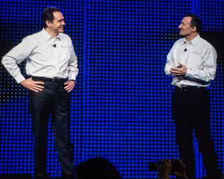 Outgoing SolidWorks CEO Bertrand Sicot (left) and Dassault Systèmes group CEO Bernard Charlés share news of Sicot’s transition to the head office at SolidWorks World 2015 in Phoenix. (Source: JPR) 